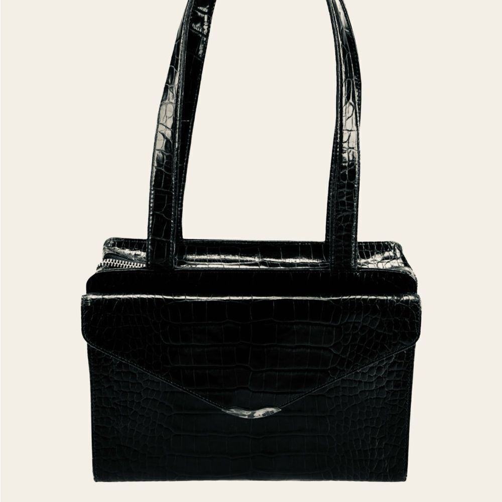 RALPH LAUREN COLLECTION Alligator Skin Leather Black Hand Bag Sterling Flap Tip - Picture 4 of 16